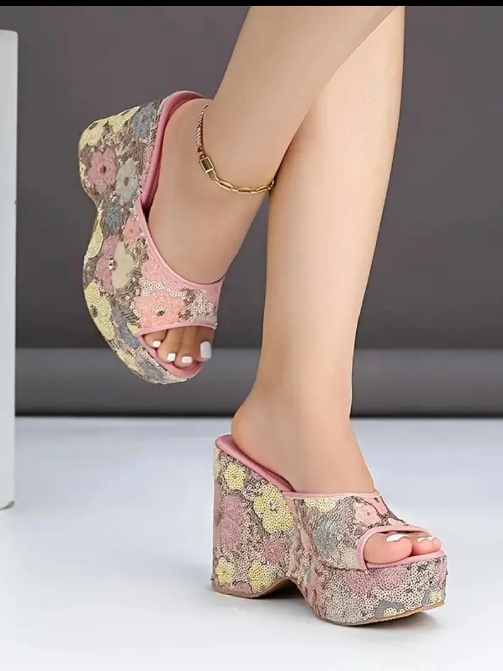 Platform Slide Sandals in Pink Floral